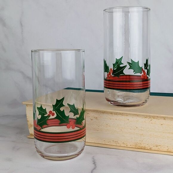 Vintage Libbey Christmas Holly Red Green Striped Highball Glasses Set of 2 - Picture 1 of 6